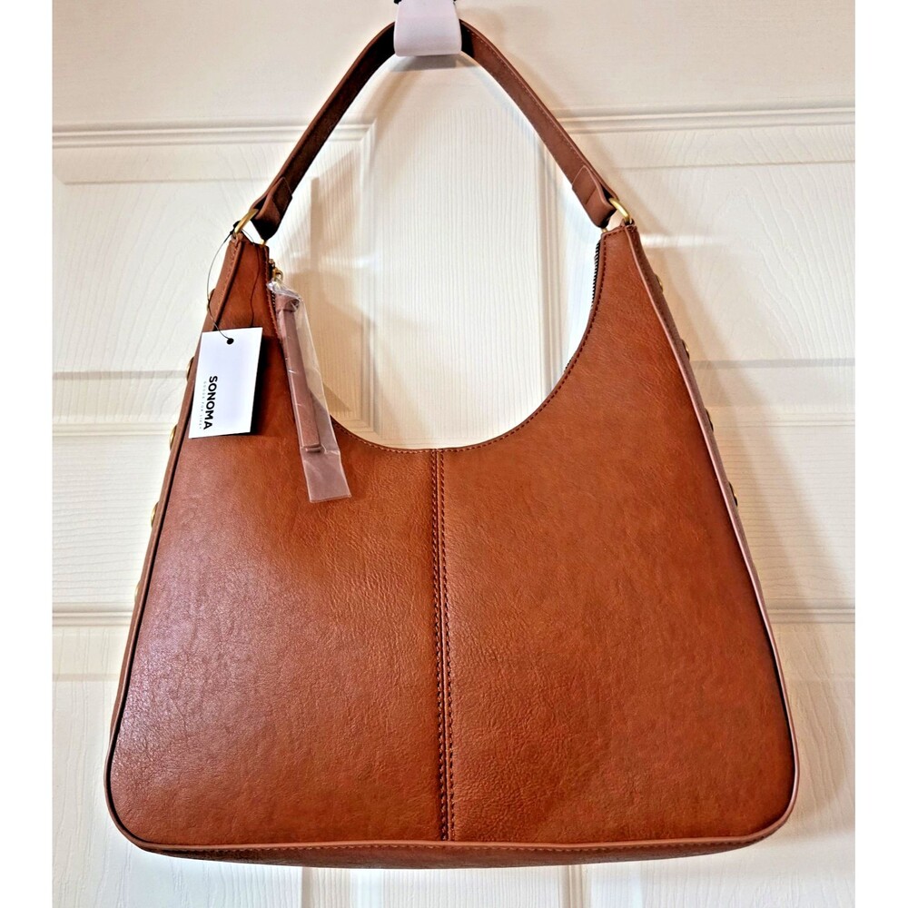 SONOMA Kai Cognac Vegan Leather Shoulder Bag Purse Studded Zip Pocket Boho NWT
